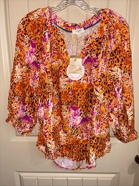 Umgee Orange & Purple Animal-Print V-Neck Blouse